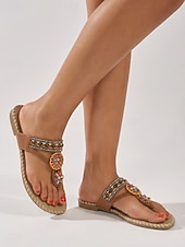 cheap Slide Sandals-Women's Bohemian Brown Beaded Thong Sandals - Comfortable Floral Studded Flip Flops with Ethnic Pattern for Beach Vacations, Outdoor Resorts &amp; Summer Daily Wear