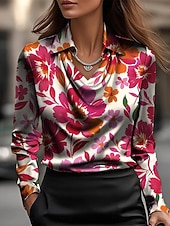 preiswerte Blumenblusen-Damen Hemd Elegant Satin-Top Seiden-Oberteile Druck Drapiert Blumen Grafik Elegant Stilvoll Lässig Langarm Wasserfallausschnitt Normale Oberteile Täglich Arbeit Ferien Rosa Rote Purpur Regenbogen