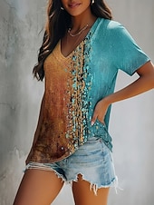  Damen T Shirt Druck Grafik Vintage Lässig Boho Kurzarm V Ausschnitt Normale Oberteile Täglich Blau Sommer Frühling