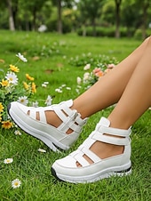 Χαμηλού Κόστους Αθλητικά Σανδάλια-Γυναικεία λευκά σανδάλια με κοψίματα, casual παπούτσια για περπάτημα με κρυφό τακούνι και φερμουάρ για υπαίθριο περπάτημα, ταξίδια &amp;καθημερινή χρήση