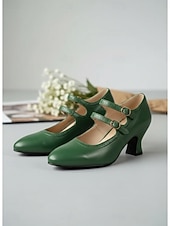 ieftine Victorian și Edwardian-Pantofi cu toc Mary Jane verzi, în stil victorian vintage pentru femei - pantofi eleganți cu toc dublu și barete mici &amp;detalii brogue pentru petreceri cu ceai, evenimente retro &amp;ocazii formale