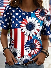  Amerikanischer Unabhängigkeitstag Damen T Shirt T-Shirt Druck Blumen Grafik Flagge Stilvoll Klassisch Lässig Kurzarm Rundhals Normale Oberteile Täglich Ausgehen Wochenende Blau Königsblau Sommer
