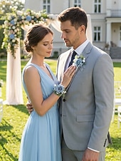 abordables Mariage ACC-Ensemble boutonnière et bracelet de mariée pour homme, en polyester bleu clair à motif floral artificiel, idéal pour les mariés, les bals de fin d'année, les fêtes et les soirées formelles.