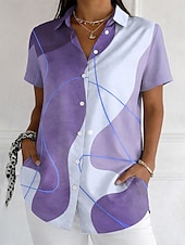 preiswerte Kunst &amp; Design Blusen-Damen Hemd Knöpfe Druck Grafik Geometrisch Vintage Stilvoll Modern Kurzarm Hemdkragen Lange Oberteile Täglich Blau Rosa Purpur Grün Sommer Frühling