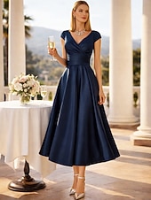 Χαμηλού Κόστους Κοκτέιλ Φορέματα-Γραμμή Α Κάτω από το γόνατο Κοκτέιλ Φορέματα Φορέματα για πάρτι Κομψό Αμάνικο Λαιμόκοψη V Επισκέπτης γάμου Σαρμέζ με Πλισέ