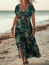  Dame Maxikjole Boho-kjole Uformell kjole Kjole med A-linje Print kjole Årgang utendørs Strand Feriereise Normal Blomstret Grafisk Kortermet V-hals Lys Rosa Gul Mørkegrønn Lilla Sommer Vår