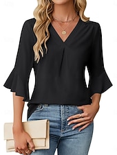 economico Bluse Eleganti-Per donna Camicia Blusa Top in chiffon Volant Semplice Elegante Classico Moderno Manica 3/4 Scollo a V Top Regolari Quotidiano Ferie Uscire Nero Bianco Verde Azzurro Estate Primavera