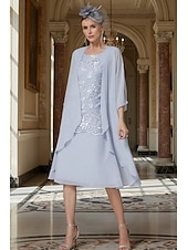 זול ערכות שמלות של אמא-שני חלקים מעטפת עמוד באורך הקרסול שמלת אורח לחתונה שמלה לאם הכלה  ללא שרוולים עם תכשיטים אלגנטית אורחת חתונה מסיבת החתונה שיפון תחרה שמלות ז'קט עם אפליקציות