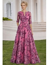 abordables Comprimento do chão-A-Line Floor Length Maxi Dress Wedding Guest Dress Mother of the Bride Dress 3/4 Length Sleeve V Neck Elegant Vintage Formal Satin Lace Organza with Floral Print Embroidery Flower