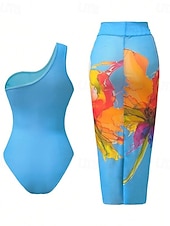 baratos Fatos de Banho 1 Peça-Mulheres Roupa de Banho 2 partes Monoquíni Saia roupa de banho Compressão abdominal Cintura Alta Delgado Frente Única Férias Roupa de Praia Floral Pescoço Assimétrico Sem Manga Fatos de banho