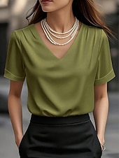 Χαμηλού Κόστους Απλή μπλούζα-Γυναικεία Μπλούζα Συμπαγές Χρώμα Κομψό Στυλάτο Βασικό Κοντομάνικο Λαιμόκοψη V Κανονικά μπλουζάκια Καθημερινά Μαύρο Λευκό Κρασί Φούξια Πράσινο του τριφυλλιού Καλοκαίρι Άνοιξη