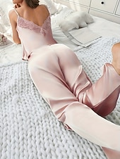 preiswerte Damen Nachthemden und Sleepshirts-Damen Schlafanzug Schlafanzug Set Einfach Lässig Einfarbig Spitze Elastischer Bund Hose Täglich Heim Urlaub Ärmellos Träger Schwarz Rosa Rote Beige Sommer Frühling Normale Passform