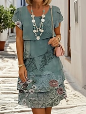 billige Kunst og Design Kjoler-Dame Mini kjole Uformell kjole Print kjole Peplum kjoler Elegant Mote Moderne utendørs Feriereise Ut på byen Normal Blomstret Kortermet Crew-hals Blå Sommer Vår