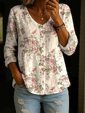 economico Bluse Floreali-Per donna Blusa Bottoni Stampato Floreale Elegante Vacanza Casual Manica Lunga Girocollo Top Regolari Quotidiano Blu Bianco Rosa Viola Verde Estate Primavera Autunno