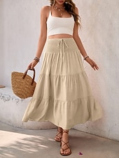 billige Vanlige skjørt-Dame Ferieskjørt Mote Fritid Midi Høy Midje Skjørt عادي Rynket Snorer Mikroelastisk Daglig Gate Kakifarget Sommer Nylon Viskose