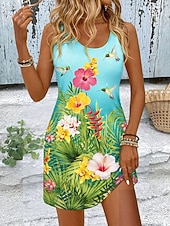 abordables Vestidos florales-Mujer Vestido hasta la Rodilla Vestido de verano Vestido de una línea Vacaciones Casual Boho Playa Fiesta Boda Ajuste regular Floral Graphic Sin Mangas Escote en U Azul Piscina Negro Morado Verde