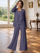 abordables Trajes de pantalón de mamá-Traje de pantalón Traje de 3 piezas Hasta el Suelo Vestido de Madrina Sin Mangas Barco de cuello Elegante Talla Grande Bolero incluido Formal Invitado a la boda Gasa con Encaje