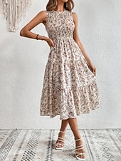 tanie Sukienki kwiatowe na co dzień-Damskie Sukienka midi Codzienne sukienki Sukienka A line Sukienka w kwiatki Elegancja Moda Nowoczesny Na zewnątrz Urlop Wyjściowe Regularny Kwiaty Bez rękawów Półgolf Niebieski Biały Rumiany róż Lato