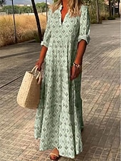 cheap Casual Floral Dresses-Women's Maxi Dress Sundress Casual Dress Print Dress Elegant Fashion Modern Outdoor Vacation Going out Regular Fit Geometric Short Sleeve V Neck Blue Pink Green Gray Summer Spring