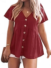 preiswerte Hemden-Damen Hemd Baumwolle Gerafft Patchwork Knöpfe Einfach Elegant Urlaub Stilvoll Kurzarm V Ausschnitt Normale Oberteile Täglich Strand Ferien Schwarz Hellgrün Rosa Rote Violett Sommer Frühling