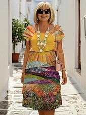  Dame Mini kjole Uformell kjole Print kjole Peplum kjoler Elegant Mote Moderne utendørs Feriereise Ut på byen Normal Blomstret Sol Kortermet Crew-hals Oransje Sommer Vår