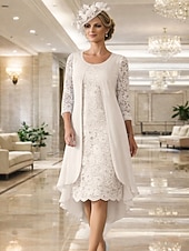  Linha A Até os Joelhos Vestido de convidada de casamento Vestido Para Mãe dos Noivos Manga Longa Decorado com Bijuteria Elegante Tamanhos Grandes Convidado do casamento Chiffon Renda com Renda