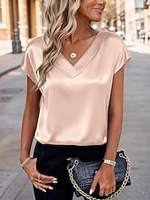 preiswerte Einfache Blusen-Damen Satin-Top Bluse Einfarbig Stilvoll Basic Lässig Kurzarm V Ausschnitt Normale Oberteile Täglich Blau Schwarz Weiß Champagner Rote Sommer Frühling Herbst
