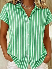 economico Bluse a righe e geometriche-Maglietta da Donna Manica Corta Grafica Geometrica Striata Vintage Tropicana Elegante Senza Maniche Colletto Lungo Top Giornaliero Blu Nero Rosa Arancione Verde Estate Primavera