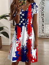preiswerte Unabhängigkeitstag Kleid-Amerikanischer Unabhängigkeitstag Damen Minikleid T-Shirt-Kleid A Linie Kleid Urlaub Lässig Täglich Normale Passform Grafik Amerikanische Flagge Kurzarm V Ausschnitt Blau Weiß Rote Sommer Frühling