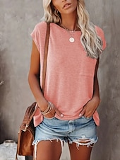 preiswerte Einfarbiges T-Shirt-Damen Bluse Tasche Einfach Vintage Stilvoll Ärmellos Rundhalsausschnitt Normale Oberteile Täglich Ferien Ausgehen Schwarz Gelb Rosa Purpur Grün Sommer Frühling