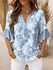 economico Bluse Floreali-Per donna Blusa Volant Stampato Floreale Grafico Vintage Quotidiano Elegante Manica 3/4 Scollo a V Top Regolari Quotidiano Ferie Abbigliamento da vacanza Blu Giallo Rosa Verde Estate Primavera