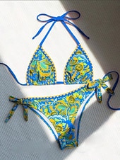 preiswerte Bikini-Sets-Damen Badeanzug Bikini Zweiteilig Freche Unterhose Bademode Schlank Rückenfrei Urlaub Strandbekleidung Blumen Paisley-Muster Neckholder Ärmellos Badeanzüge