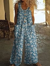 abordables Bas-Femmes Normal Combinaison Actif Fleuri Sans manches Jambe large Col en U Avec Poches Boutons Quotidien Vacances Coupe Ample Bleu Bleu Roi Vert Été