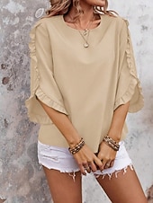 abordables Blusas Elegantes-Mujer Camisa Blusa Blusa con volantes Volante Plano Elegante Clásico Moderno Manga 3/4 Cuello Barco Tops regulares Diario Festivos Noche Negro Rojo Naranja Verde Trébol Albaricoque Verano Primavera