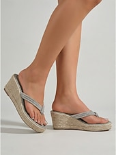 tanie Sandały na koturnie-Eleganckie, jasnoszare sandały damskie na koturnie – błyszczące paski z kryształkami i plecioną platformą espadryli, idealne na imprezy plenerowe i przyjęcia w tropikalnym ogrodzie &amp;wakacje letnie