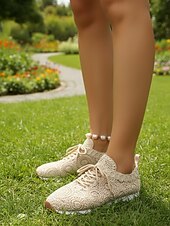 baratos Ténis de mulher-Tênis feminino branco de malha com cadarço – calçado leve, respirável e confortável para caminhadas, ideal para férias em resorts, viagens à praia e uso diário.