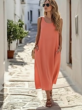 economico Vestiti-Per donna Abito Midi Finto cotone e lino Vestito Canotta Moderno All'aperto Vacanza Ferie Vestibilità comoda Semplice Senza Maniche Collo a U Bianco Rosa Arancione Estate Primavera