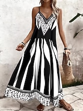 economico Abiti a Strisce e Geometrici-Per donna Abito maxi Vestito Estivo Abito a trapezio Abito Sottoveste Vacanza Casual Spiaggia Uscire Vestibilità regolare Grafico Leopardo Blocco di colori Senza Maniche Scollo a V Nero Estate