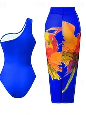 baratos Fatos de Banho 1 Peça-Mulheres Roupa de Banho 2 partes Monoquíni Saia roupa de banho Compressão abdominal Cintura Alta Delgado Frente Única Férias Roupa de Praia Floral Pescoço Assimétrico Sem Manga Fatos de banho