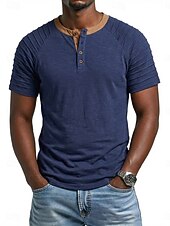 お買い得  カジュアルヘンリーTシャツ-男性用 ヘンリーシャツ Tシャツ 半袖 パッチワーク ファッション デザイナー カジュアル フリル ボタン ヘンリー カジュアル 日常 アウトドア 夏 春 オールシーズン ロイヤルブルー ヘンリーTシャツ