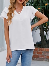 billige Plain t-skjorte-Dame T skjorte T-skjorte Drapering عادي Mote Stilfull Klassisk Kortermet V-hals Vanlige topper Daglig Ut på byen Helg Svart Hvit Rosa Himmelblå Fuksia Sommer Vår