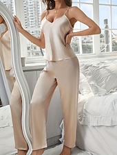 preiswerte Damen Nachthemden und Sleepshirts-Damen Schlafanzug Schlafanzug Set Einfach Lässig Einfarbig Spitze Elastischer Bund Hose Täglich Heim Urlaub Ärmellos Träger Schwarz Rosa Rote Beige Sommer Frühling Normale Passform