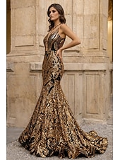 abordables Vestidos de Noche Sirena-Corte Trompeta Sirena Cola barrida Trajes de gala Vestidos de noche Corte Cenicienta Vestimenta formal Elegante Sin Mangas Escote de ilusión Carnaval Formal afroamericano Lentejuelas con Lentejuela