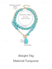 رخيصةأون اكسسوارات العطلة-قلادة نسائية بوهيمية متعددة الطبقات من الفيروز، وقلادة من الخرز المصنوع من الأحجار الصناعية وسلسلة من سبيكة الذهب مع قلادة على شكل دمعة، مناسبة لعطلات الصيف الشاطئية البوهيمية والاستخدام اليومي غير الرسمي