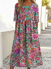 お買い得  花柄ドレス-女性用 ミディドレス カジュアルドレス プリントドレス ファッション アウトドア バケーション お出かけ ルーズフィット フラワー グラフィック 半袖 クルーネック ブルー ライトイエロー パープル グリーン 夏 春