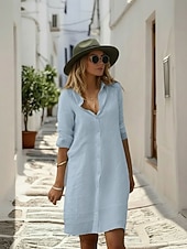 preiswerte Kleider-Damen Knielanges Kleid Kunstbaumwollleinen Hemdblusenkleid Mode Modern Täglich Outdoor Urlaub Lässiger Schnitt Einfach Ärmellos Hemdkragen Schwarz Weiß Grau Leicht Blau Sommer Frühling