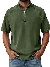 お買い得  ベーシックTシャツ-男性用 デニムシャツ コットン100% アシッドウォッシュシャツ ティートップ 半袖 スタンド ファスナー 秋冬 春 秋 平織り ヴィンテージ ストリートファッション カジュアル ジッパーを閉める 色褪せた ベーシック カジュアル 家 ストリート パープル メンズトップTシャツ