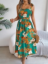 cheap Casual Floral Dresses-Women's Midi Dress Beach Dress A Line Dress Floral Dress Slip Dress Elegant Fashion Modern Outdoor Beach Vacation Regular Fit Floral Sleeveless Square Neck Blue Yellow Green Summer Spring