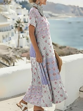 Mujer Vestido maxi Vestido informal Vestido de una línea Vestido Estampado Moda Exterior Vacaciones Fin de semana Ajuste regular Floral Graphic Manga Corta Escote en Pico Morado Verano Primavera