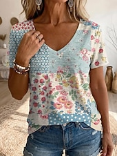 cheap Floral tee-Women's T Shirt Print Floral Graphic Vintage Stylish Classic Short Sleeve V Neck Regular Tops Daily Sports Going out Blue Light Beige Royal Blue Purple Summer Spring